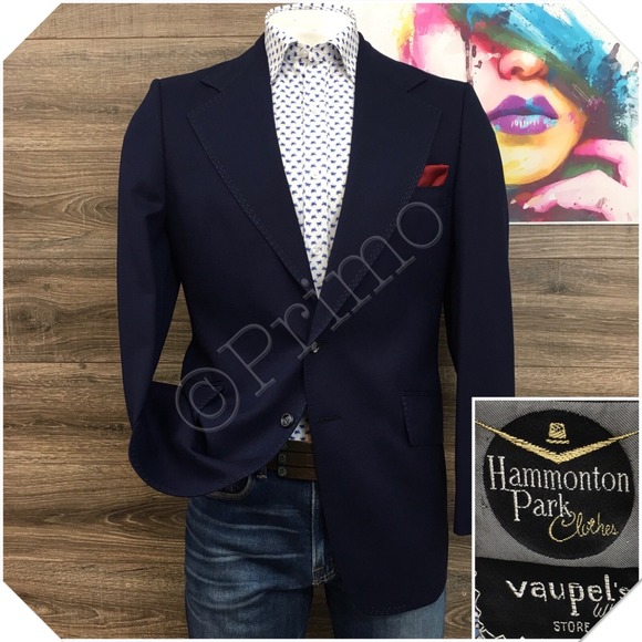 VINTAGE 70s Mens Navy Blazer Sport Coat Casual Jacket Size 40L Classic Wool Suit